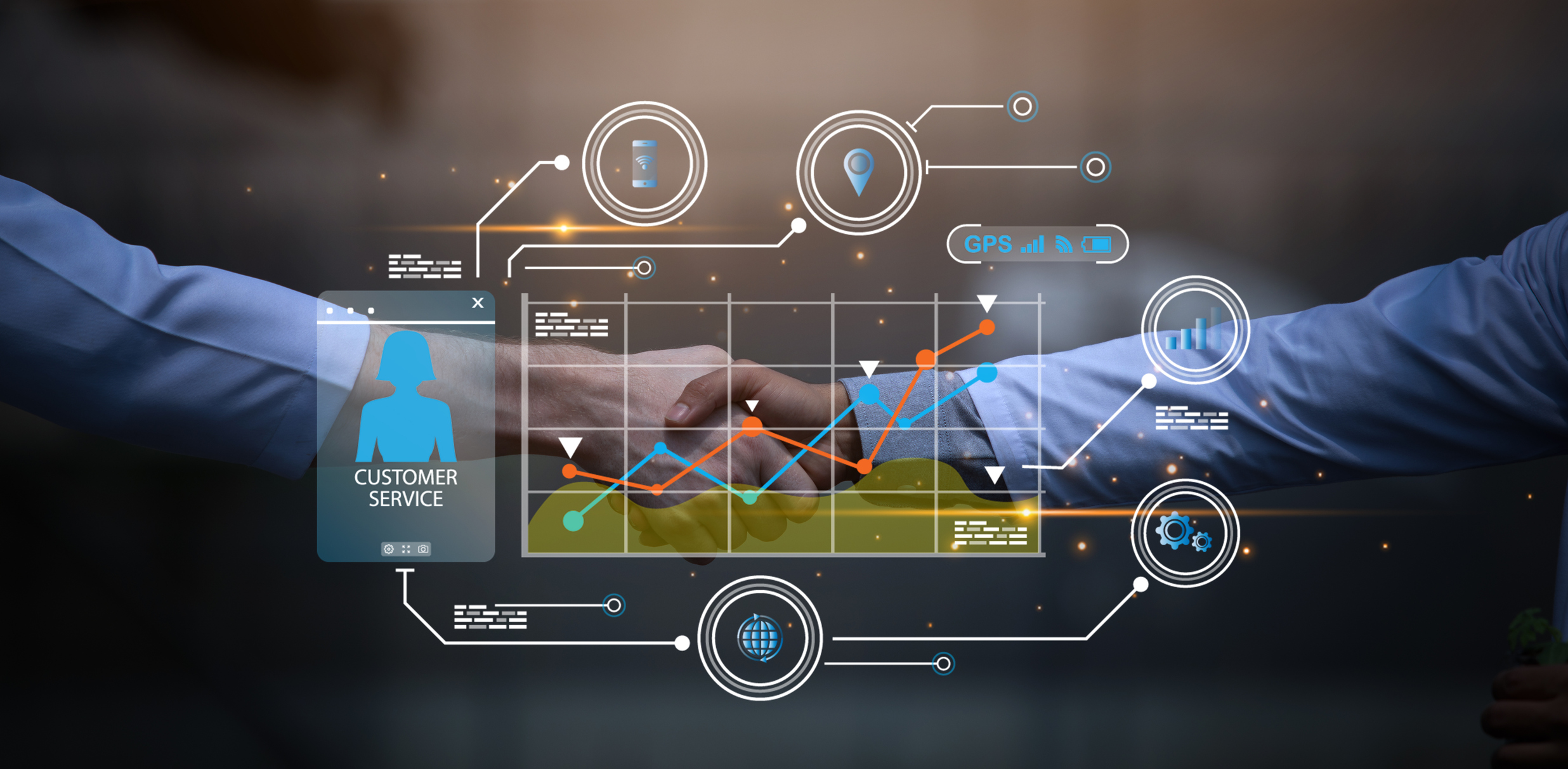 Abstract dashboard with graphs and network icons, representing data-driven negotiation support using Adaptive Evolution Technology
